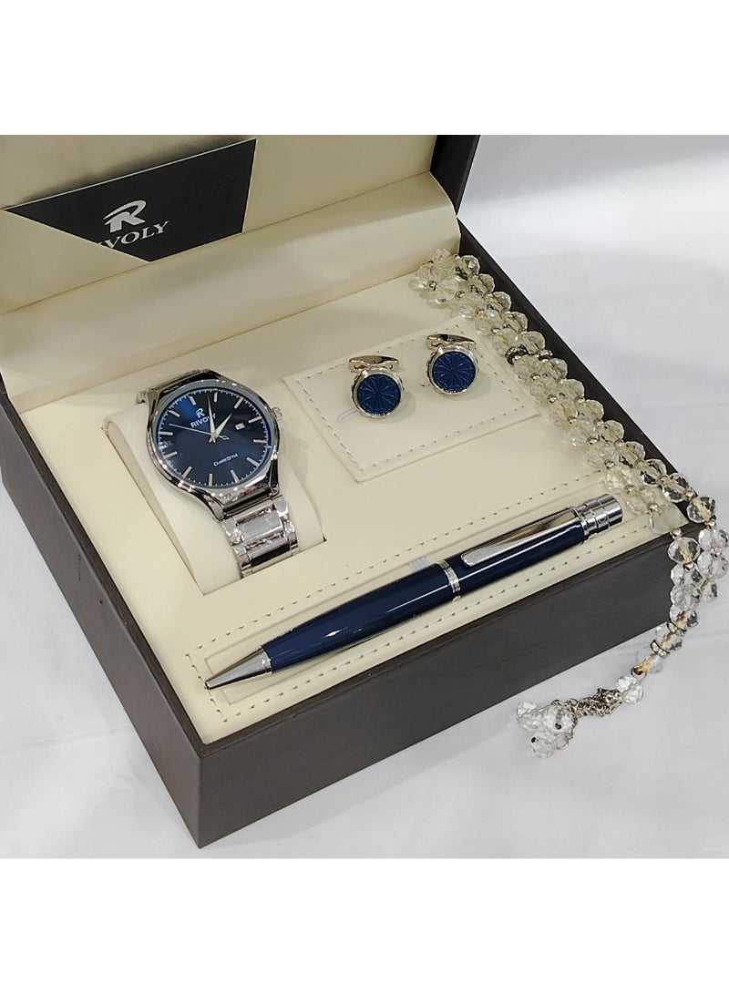A men's gift set from the Rivoli brand consisting of a wristwatch, pen, cufflinks, and prayer beads.